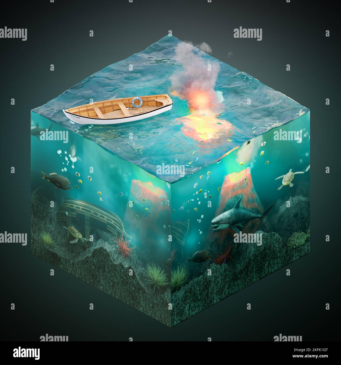 Scène d'éruption volcanique sous-marine avec bateau, épave, requin, tortue, poissons. 3d rendu. Concept cubique Banque D'Images