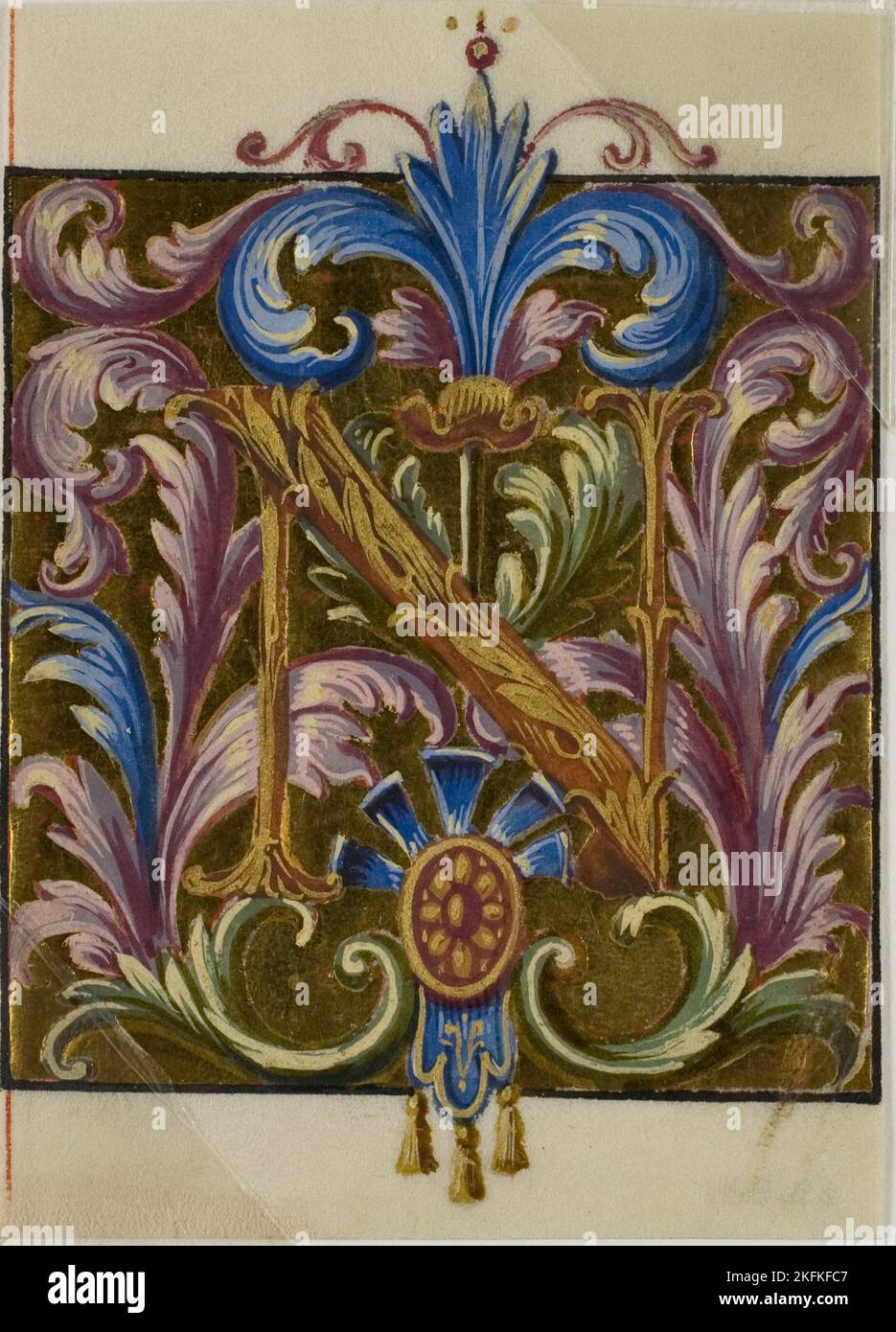 Premier "N" illuminé avec des feuilles d'Acanthus d'un Choirbook, 18th ou 19th siècle. Banque D'Images