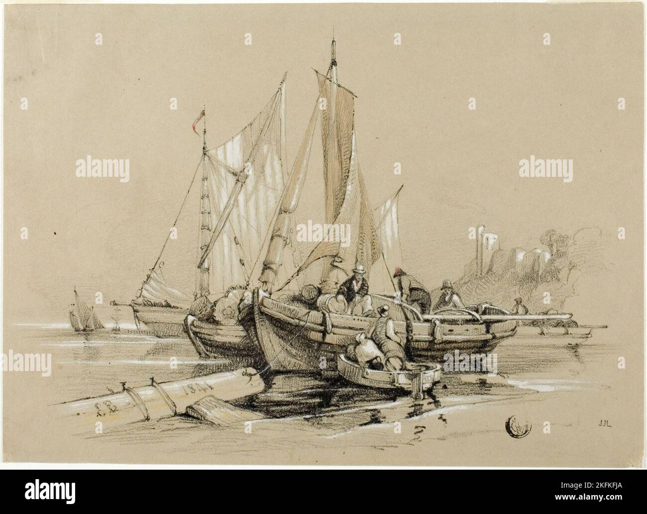 Port avec Cutters, 1841. EUG&#XE8;ne Bery ou Eduard Julius Friedrich Bendemann Banque D'Images
