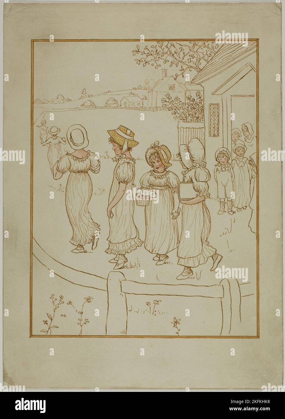 Les filles vont dans une voie, 1866-1901. Attribué à Kate Greenaway. Banque D'Images