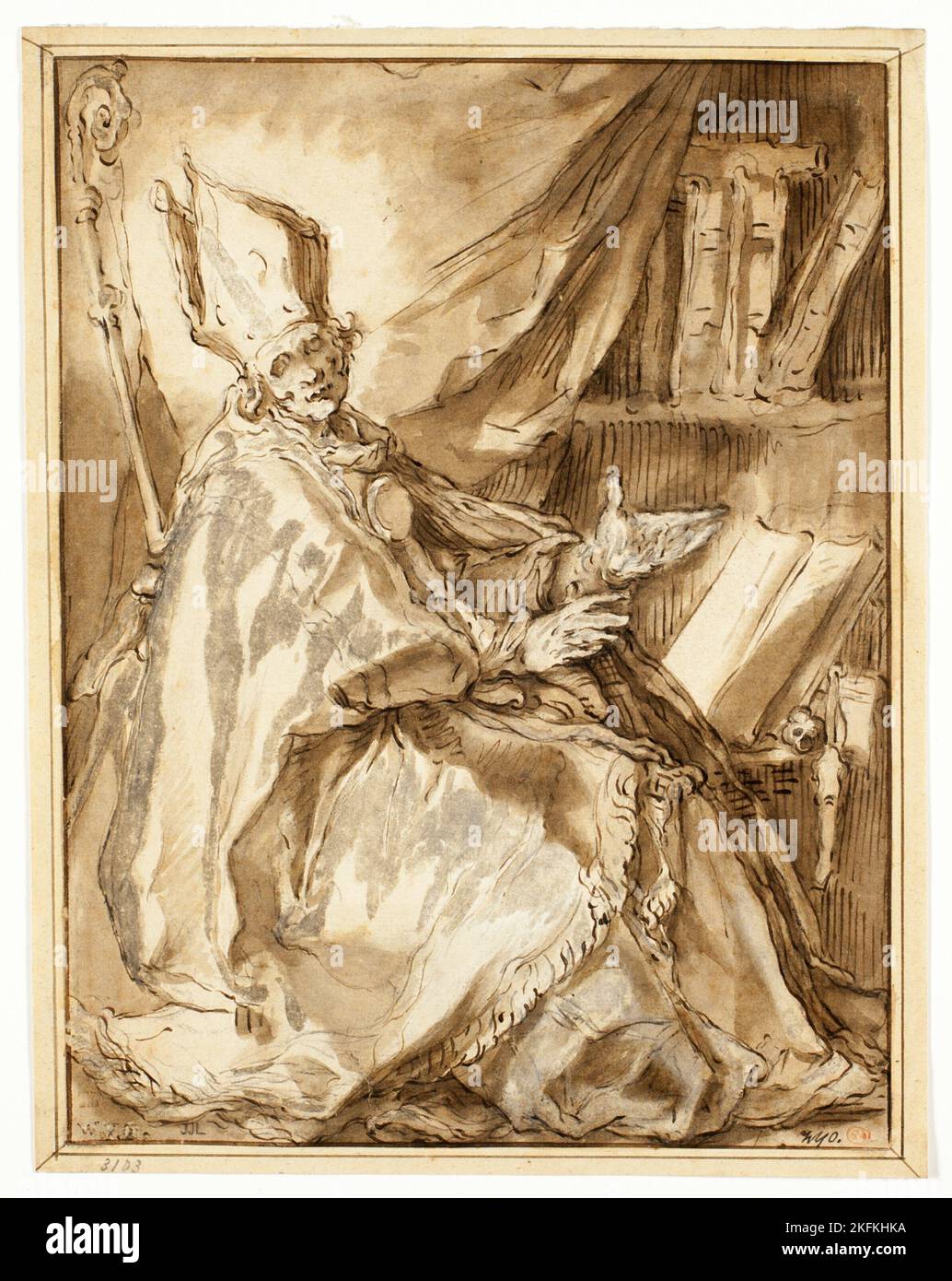 Évêque assis dans son étude, vu de son côté droit, c. 1645. Attribué à Leonello Spada. Banque D'Images