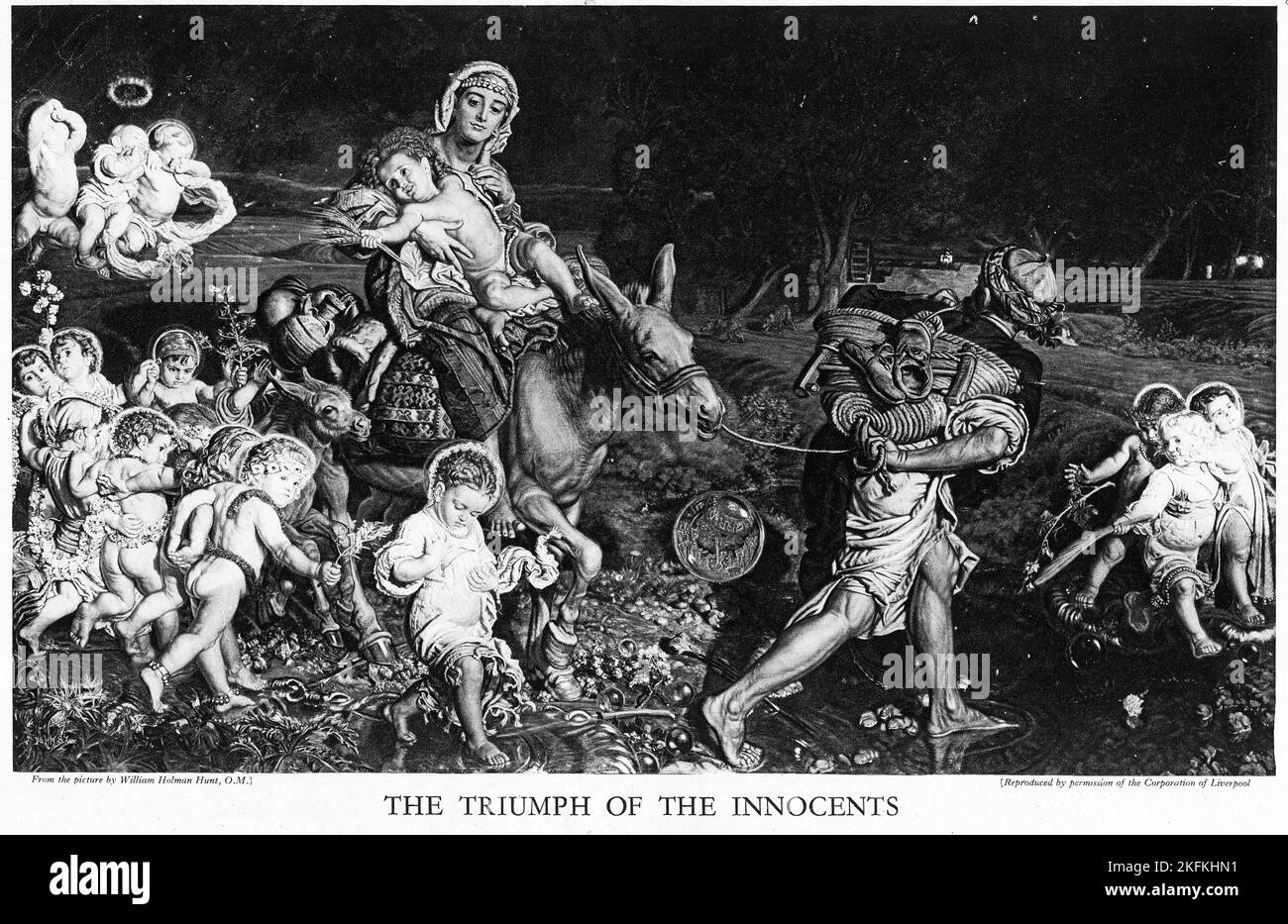 Demi-ton du triomphe des incogents, un tableau de William Holman Hunt, dans lequel Jésus, Marie et Joseph s'enfuient en Égypte tout en étant entouré par les esprits de bébés innocents détruits par le roi Hérode. Banque D'Images