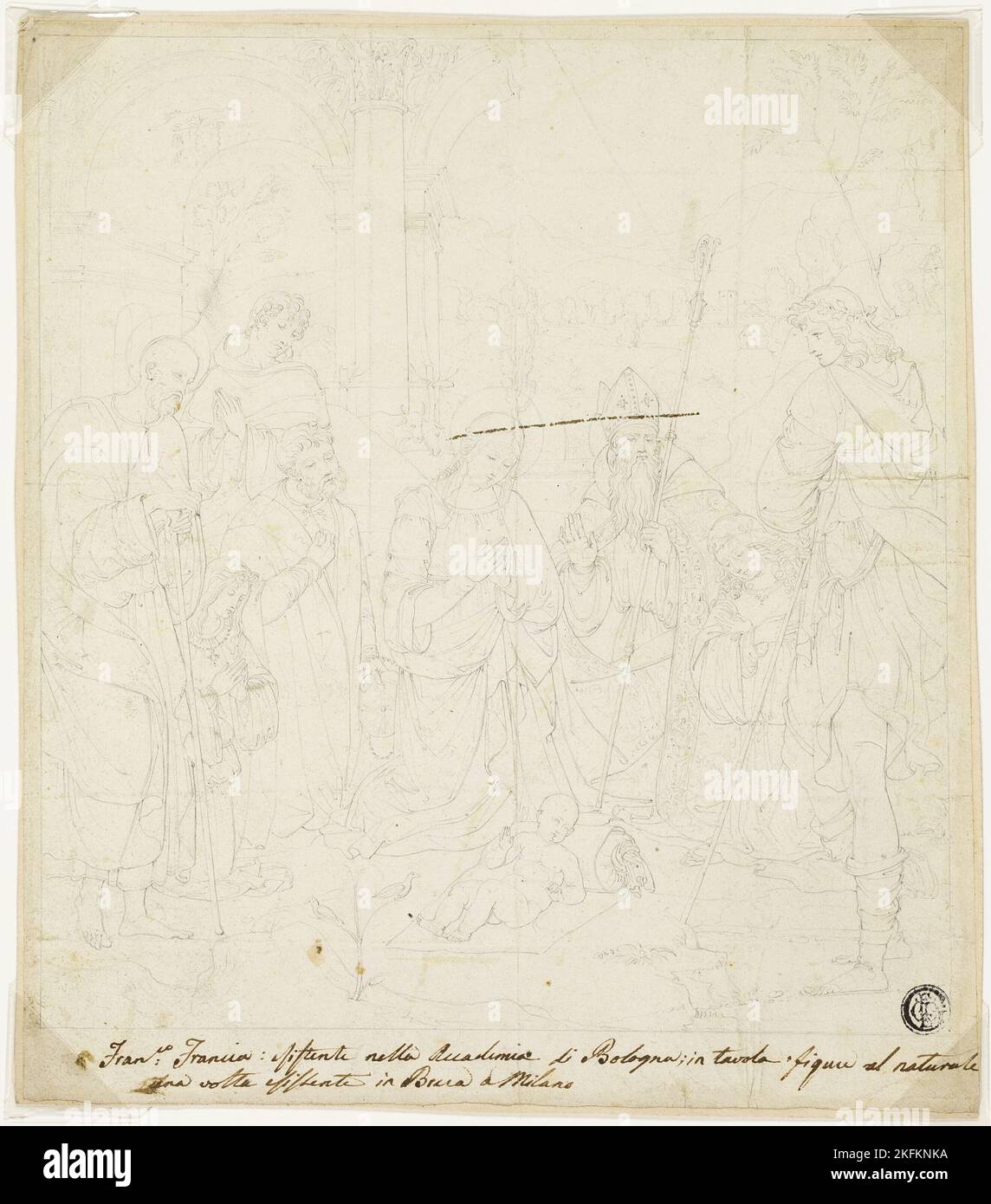 Adoration du Christ enfant, avec les saints Joseph, François d'Assise et Augustin, en présence d'Anton Galeazzo Bentivoglio et Alessandro Bentivoglio, c. 1820. Banque D'Images