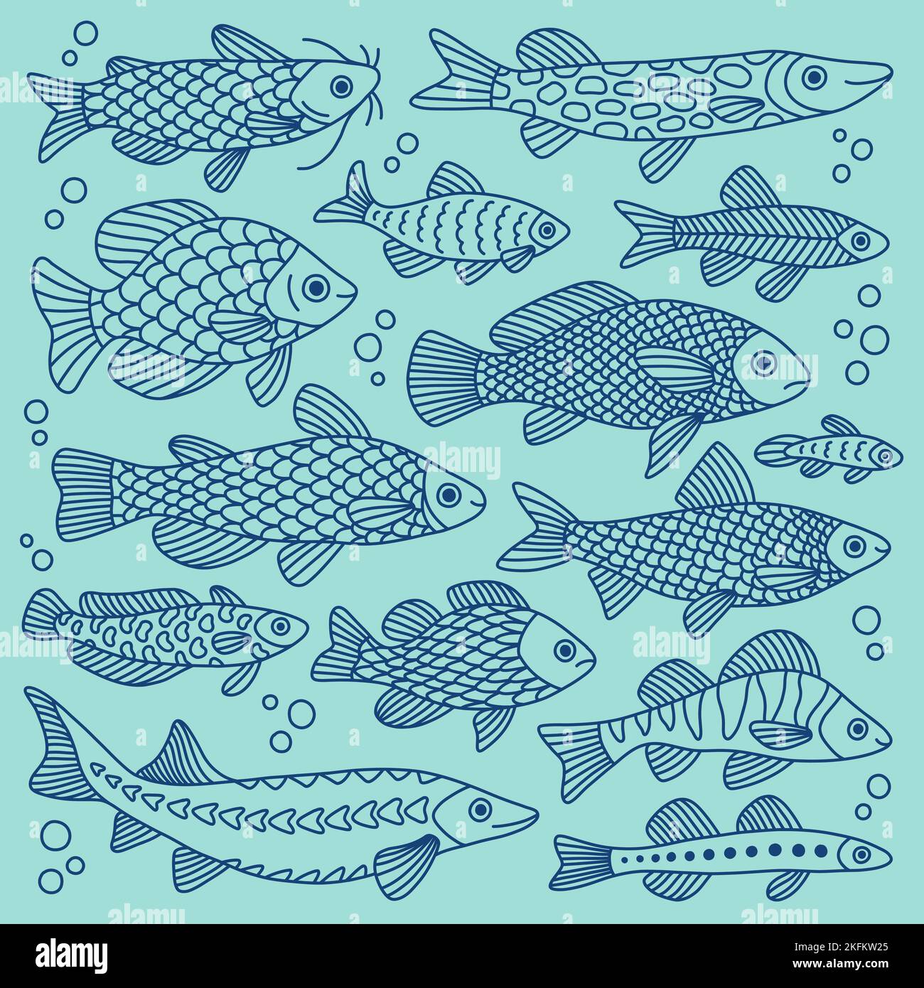 Ensemble de poissons de différentes formes avec divers motifs dessinés à la main, isolés. Animaux marins, mer, voyage. Illustration de Vecteur