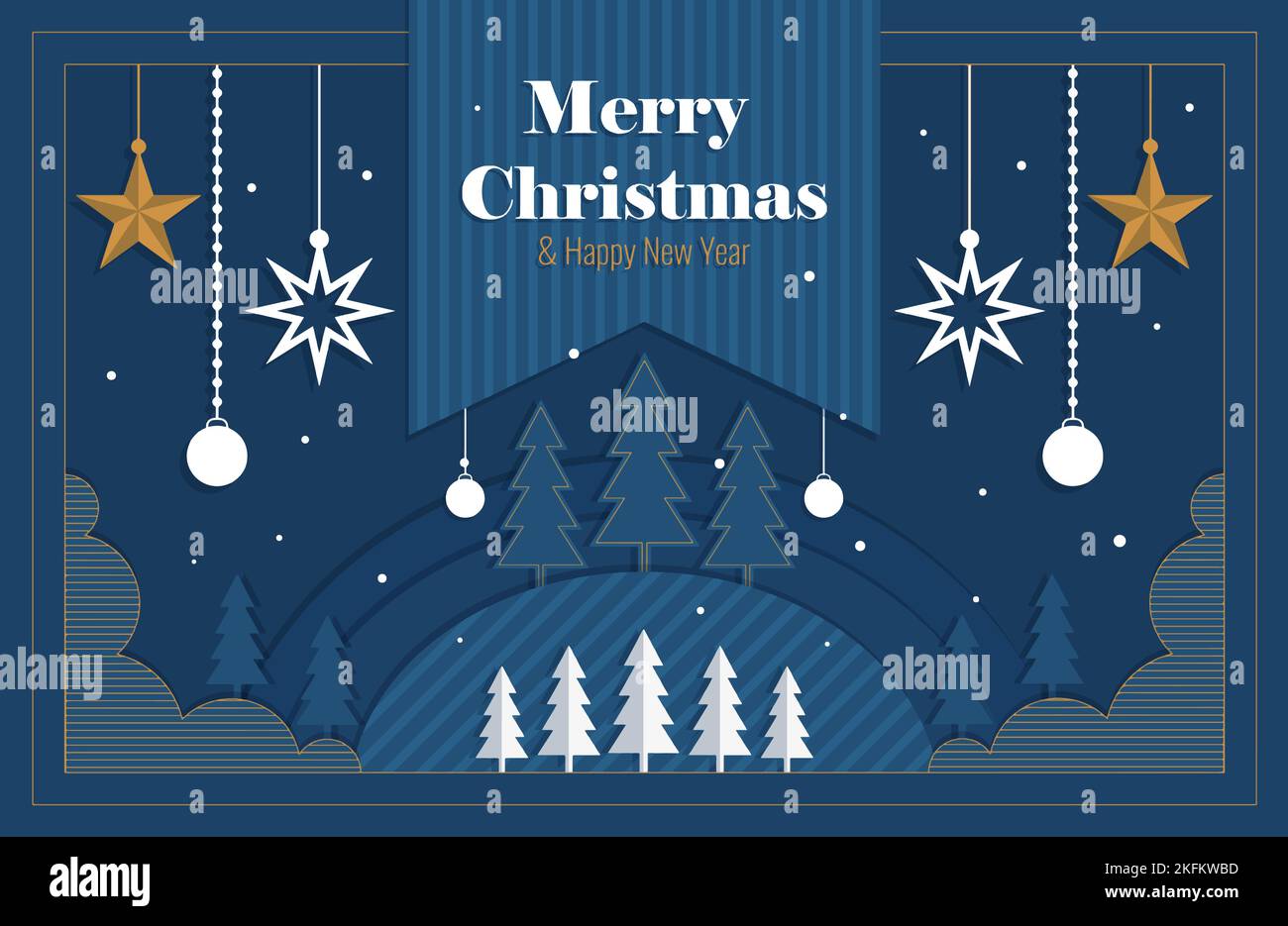 Lettering Merry Christmas et Happy Year bannière de Noël en papier avec décorations d'arbre de Noël étoiles et sapins Illustration de Vecteur