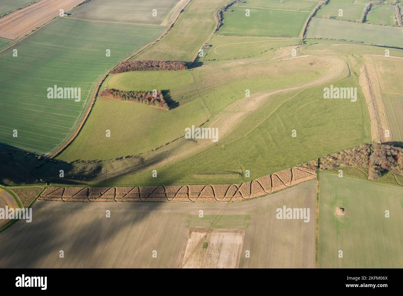 Travaux de terrassement sur le terrain, travaux de terrassement sur le lynchet et le long-Barrow de la tombe du géant sur Fyfield Down, Wiltshire, 2017. Banque D'Images