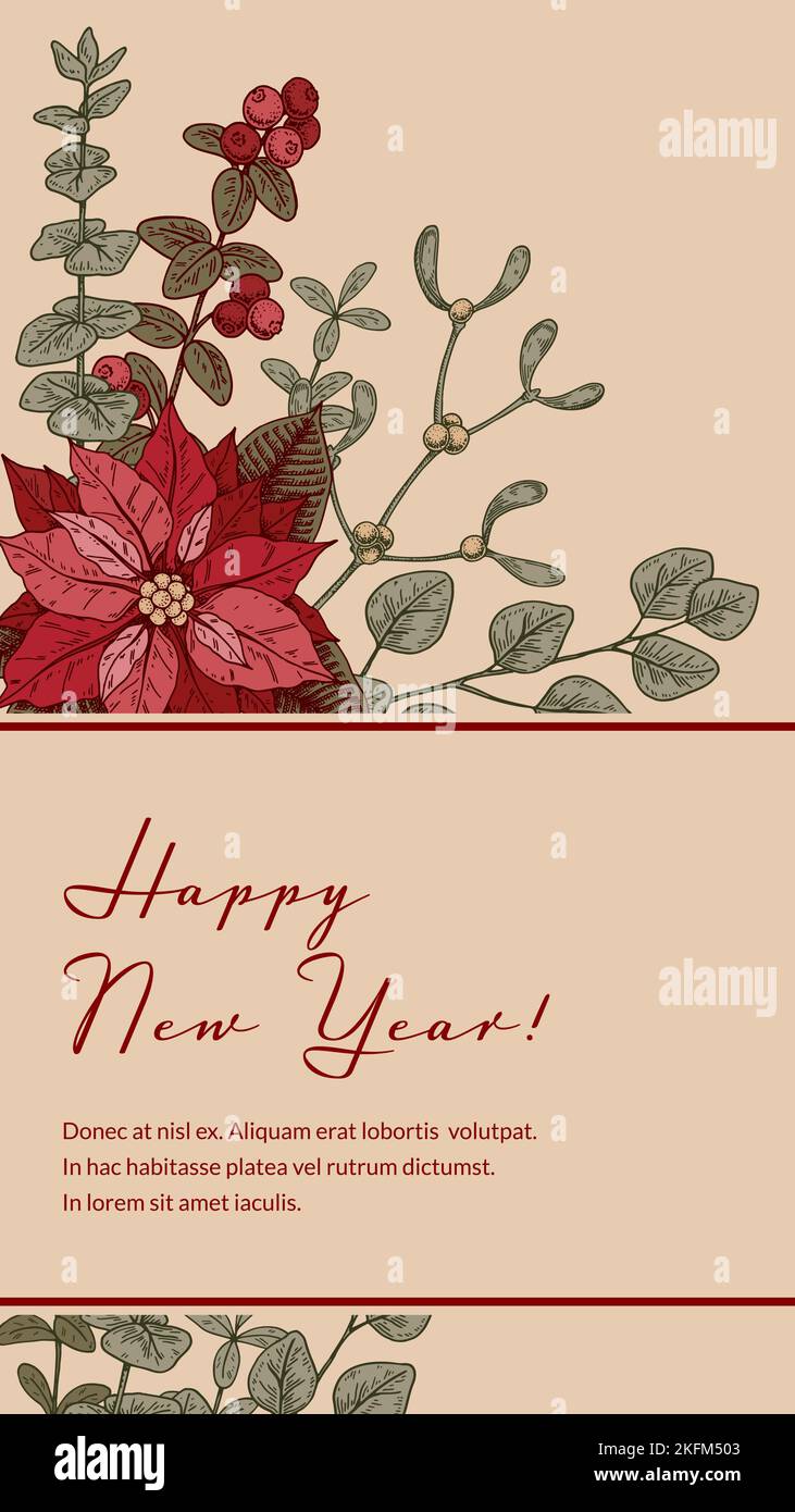 Carte de voeux verticale Joyeux Noël et joyeux nouvel an avec fleur de poinsettia dessinée à la main et brunch au GUI. Modèle de témoignages sur les médias sociaux Illustration de Vecteur