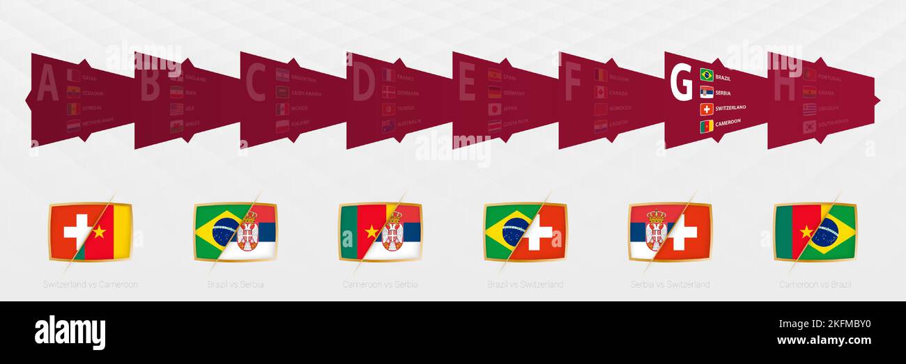 Par rapport aux icônes de tous les matchs du Groupe G, jeu d'icônes de la compétition de football 2022. Collection de vecteurs. Illustration de Vecteur