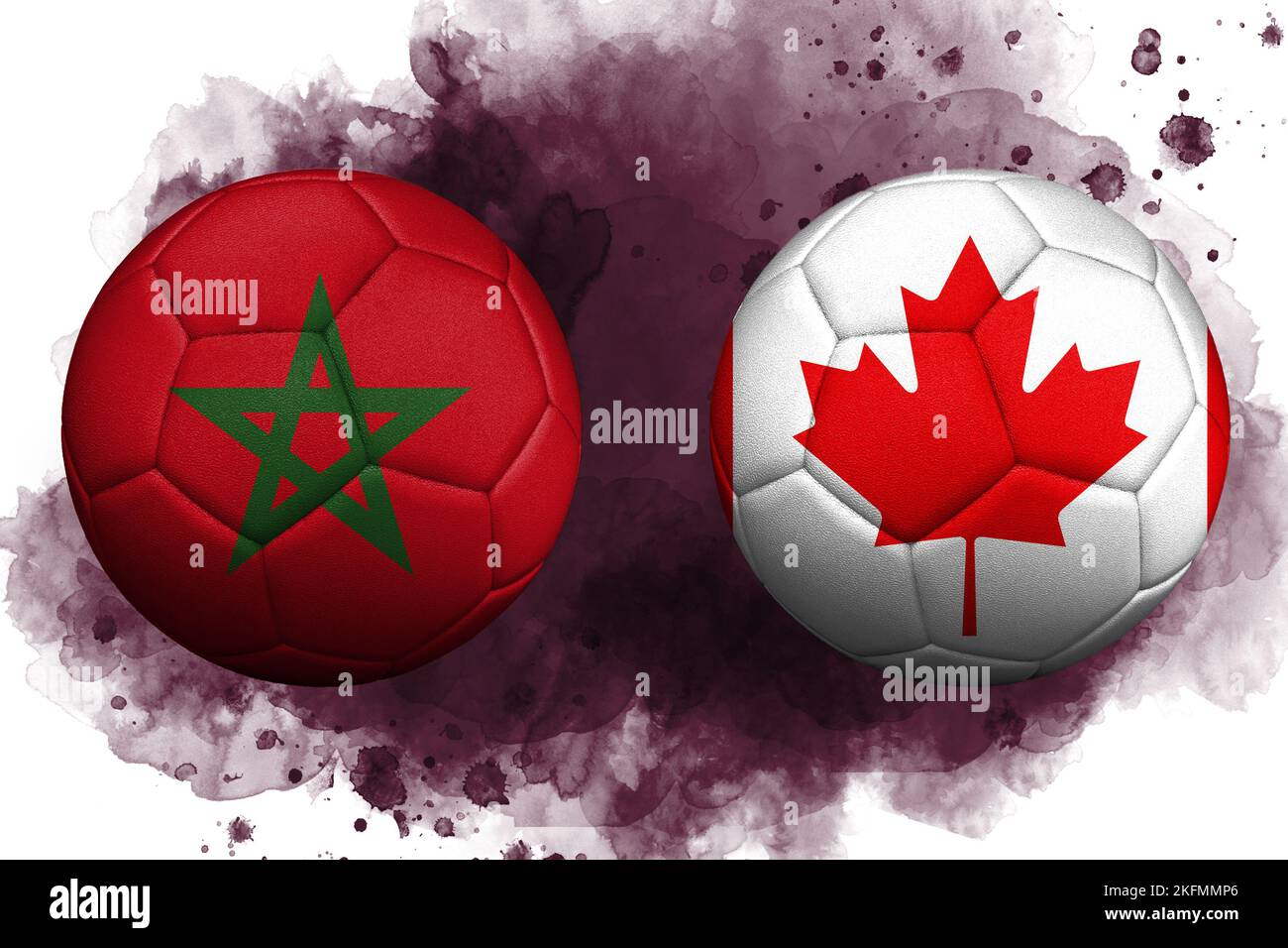 Coupe du monde au Qatar, les drapeaux du Maroc et du Canada sont représentés sur des ballons de football. Banque D'Images