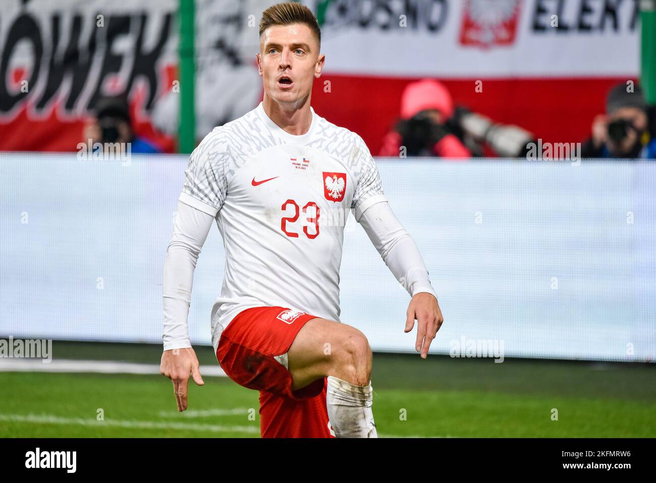 VARSOVIE, POLOGNE - 16 NOVEMBRE 2022: Match de football amical Pologne contre Chili 1:0. Krzysztof Piatek joie après avoir marquant le but. Banque D'Images