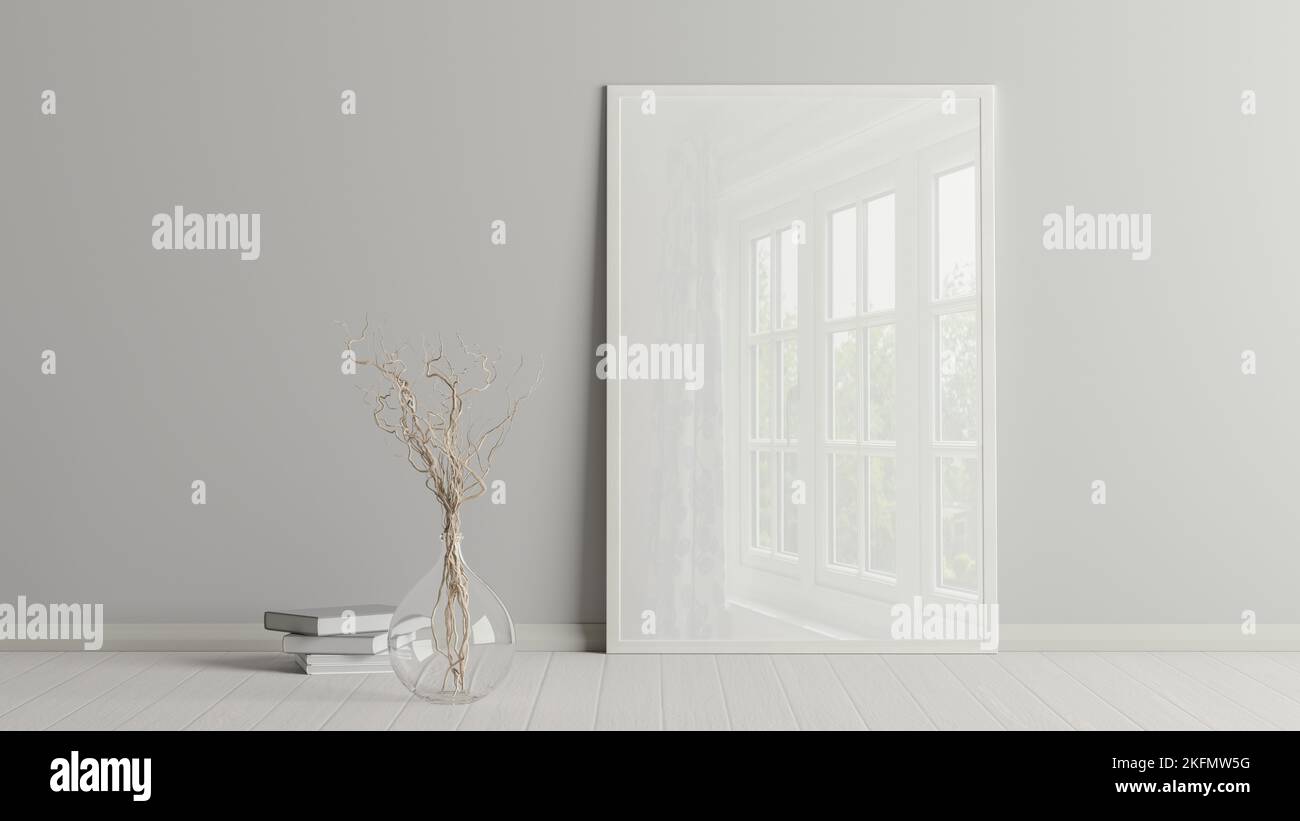 Cadre vertical poster maquette sur le sol dans le salon avec sol blanc et mur Banque D'Images