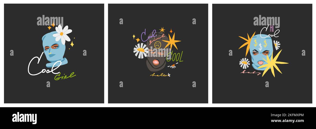 Ensemble de collection d'illustrations clipart graphique vectoriel tracées à la main avec bandit girl en balaclava.trendy concept moderne de design féminin stickers concept Illustration de Vecteur