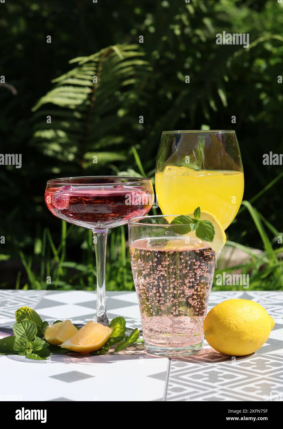 Cocktails rafraîchissants sur une table de jardin. Gros plan des verres avec différentes boissons. Faites la fête dans un jardin. Banque D'Images