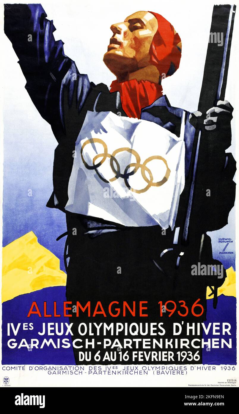 Affiche olympique, Allemagne - Garmen-Partenkirchen 1936 - Ludwig Hohlwein (1874-1949) Ives JEUX OLYMPIQUES d'HIVER, ALLEMAGNE 1936 - German Olympics Banque D'Images