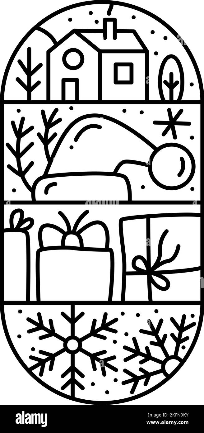 Composition de l'Avent de Noël neige, boîtes-cadeaux, chapeau, maison et arbres. Logo de constructeur de vecteur d'hiver dessiné à la main dans deux cadres demi-ronds et rectangles Illustration de Vecteur
