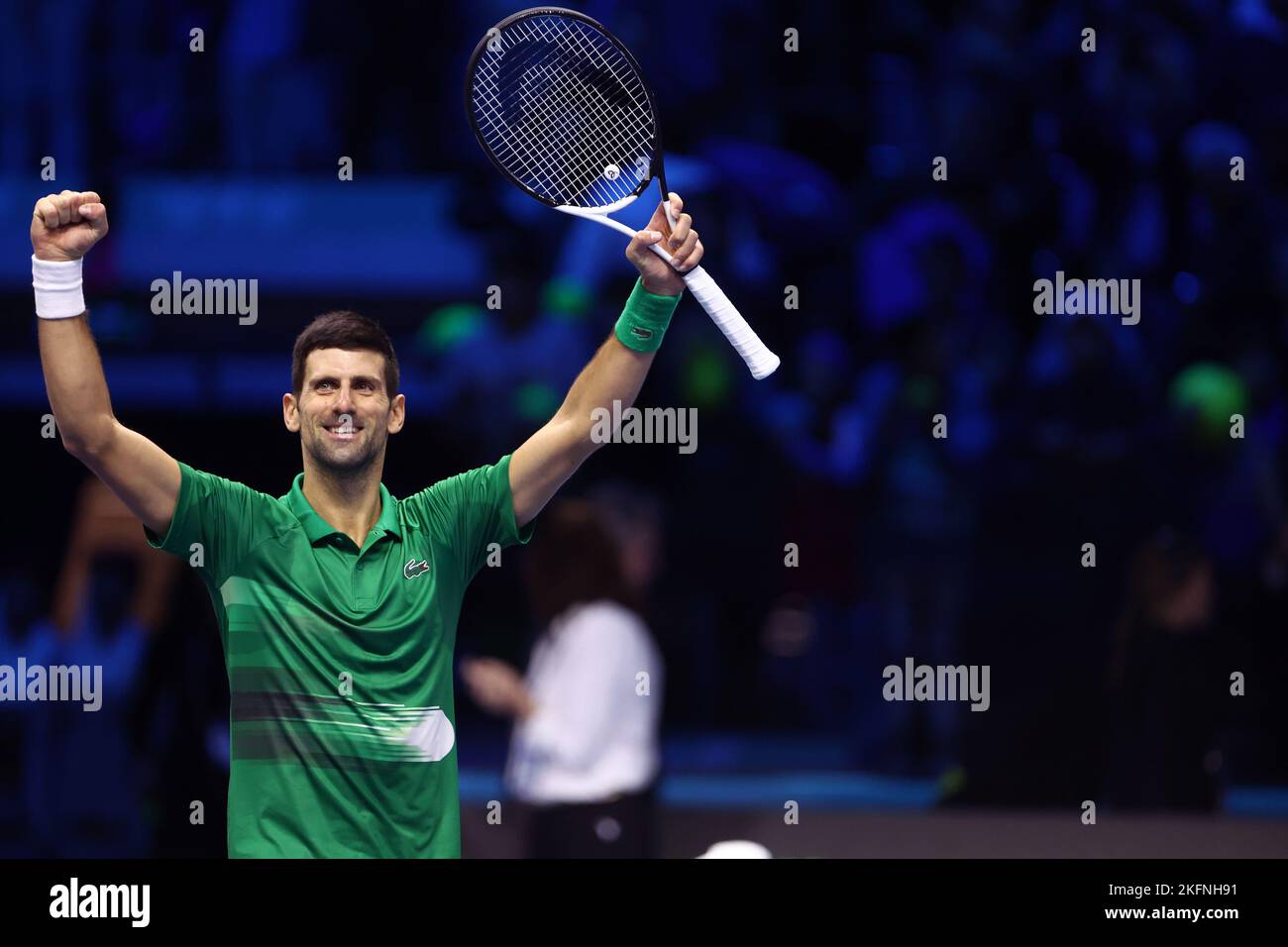 Turin, Italie. 19th novembre 2022. Novak Djokovic de Serbie célèbre après avoir remporté la demi-finale du match des célibataires entre Novak Djokovic de Serbie et Taylor Fritz des Etats-Unis le septième jour des finales du Tour mondial de Nitto ATP à Pala Alpitour sur 19 novembre 2022 à Turin, Italie Credit: Marco Canoniero/Alay Live News Banque D'Images
