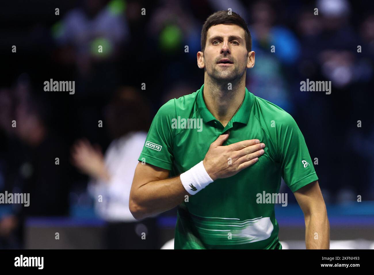 Turin, Italie. 19th novembre 2022. Novak Djokovic de Serbie célèbre après avoir remporté la demi-finale du match des célibataires entre Novak Djokovic de Serbie et Taylor Fritz des Etats-Unis le septième jour des finales du Tour mondial de Nitto ATP à Pala Alpitour sur 19 novembre 2022 à Turin, Italie Credit: Marco Canoniero/Alay Live News Banque D'Images