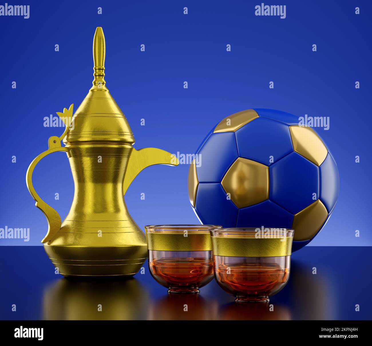 Moyen-Orient arabe café doré Dallah Pot avec tasses et ballon de football 3D Illustration rendu Banque D'Images