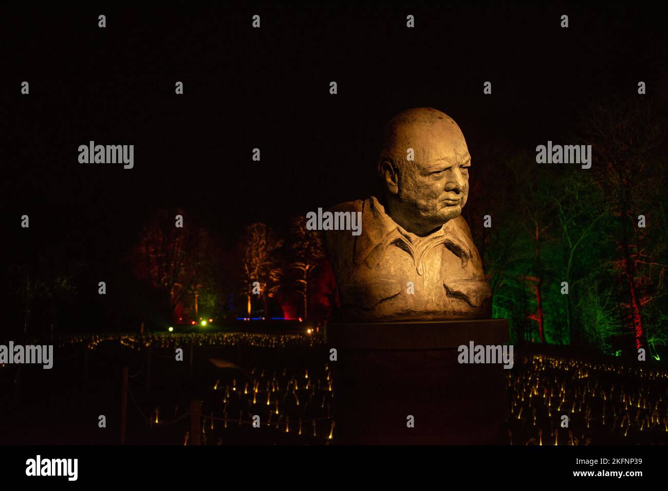 Un buste sculpté de Winston Churchill illuminé la nuit pendant l'événement de la piste lumineuse hivernale au Blenheim Palace dans l'Oxfordshire, au Royaume-Uni. Banque D'Images
