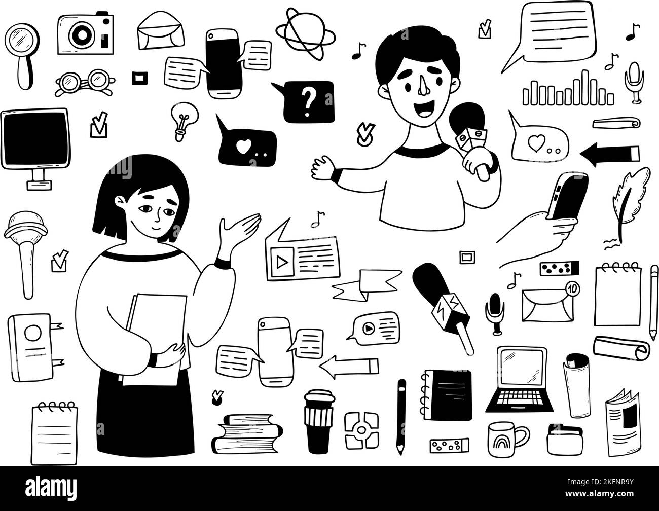 Collection de dessins vectoriels de journalisme. Journaliste journaliste avec microphone et présentateur TV féminin, mains avec enregistreur vocal, enregistrement de diffusion Illustration de Vecteur