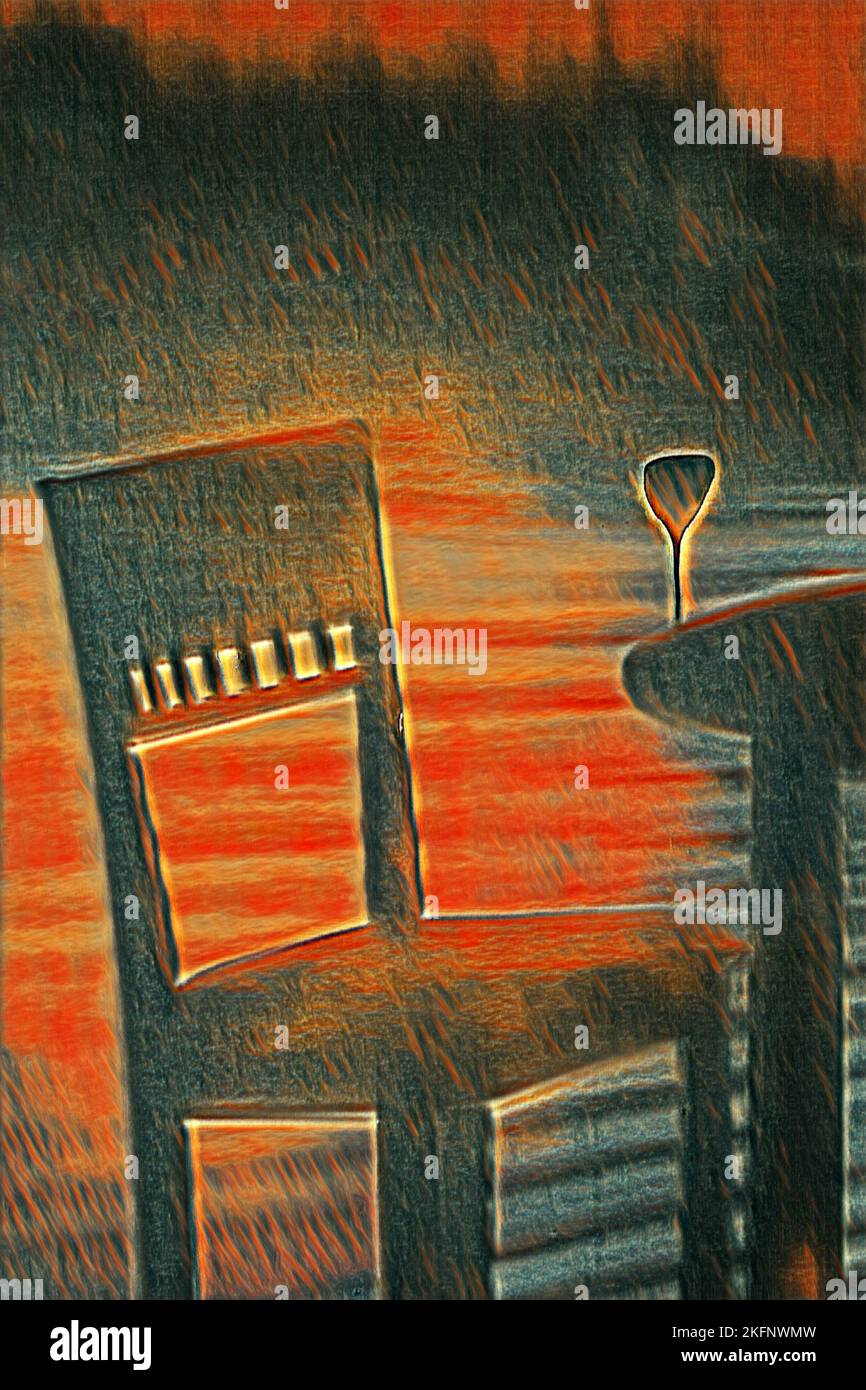 Illustration d'une chaise, d'une table et d'un verre de vin vides Banque D'Images
