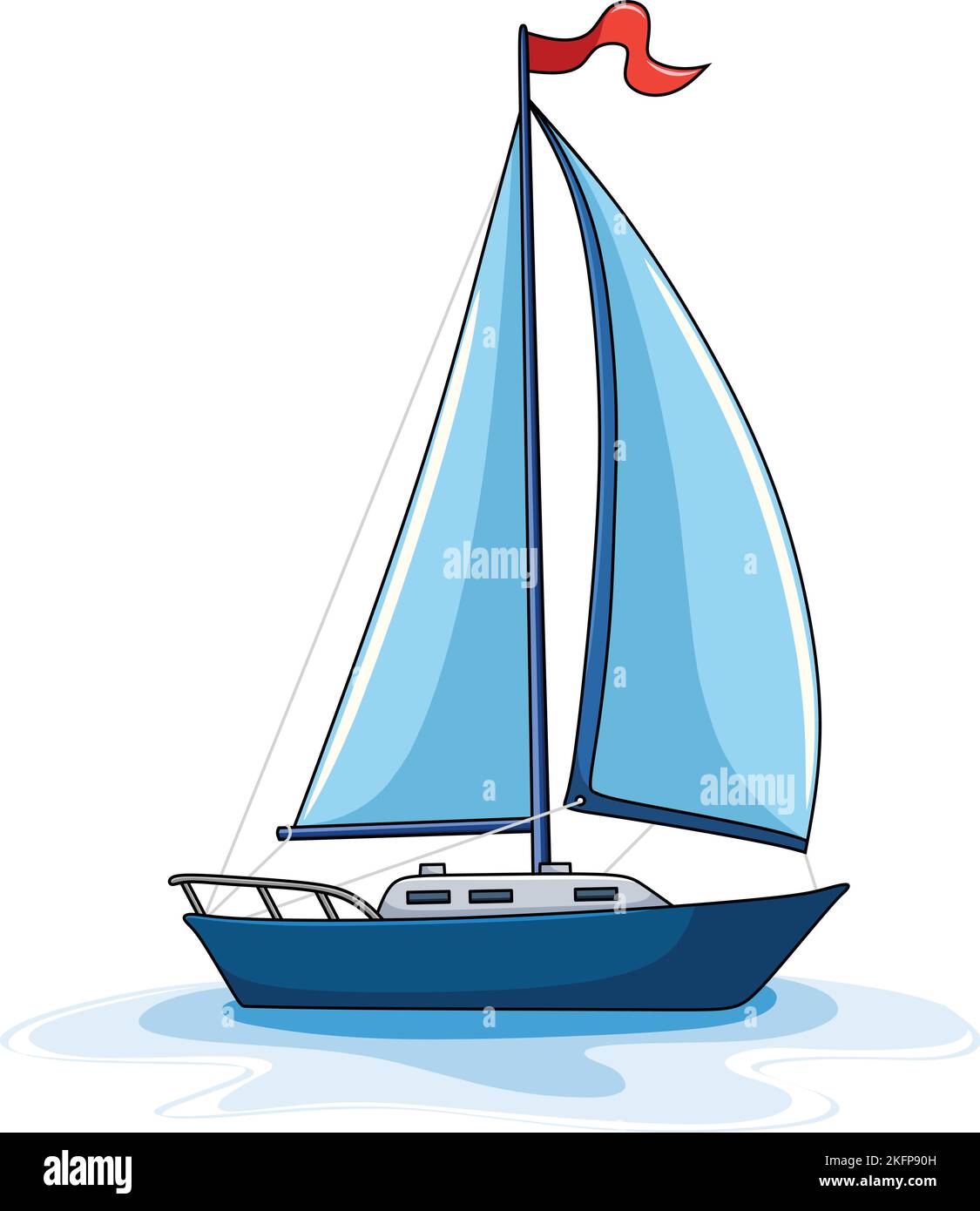 Voilier bleu avec drapeau rouge sur l'illustration vectorielle de la bande dessinée du bateau Illustration de Vecteur
