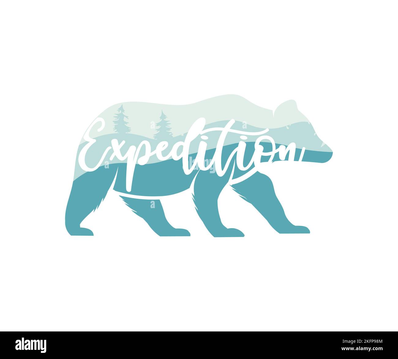 Silhouette d'ours avec panorama de montagnes logo. Ours brun Ours grizzli silhouette.symbole du tourisme, aventure, grand extérieur, expédition. Illustration de Vecteur