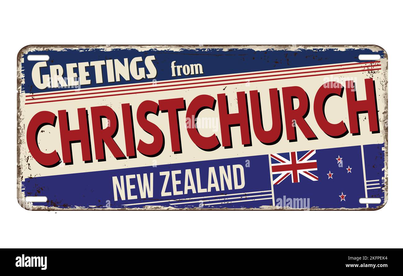Bienvenue à Christchurch plaque d'immatriculation rouille vintage sur fond blanc, illustration vectorielle Illustration de Vecteur