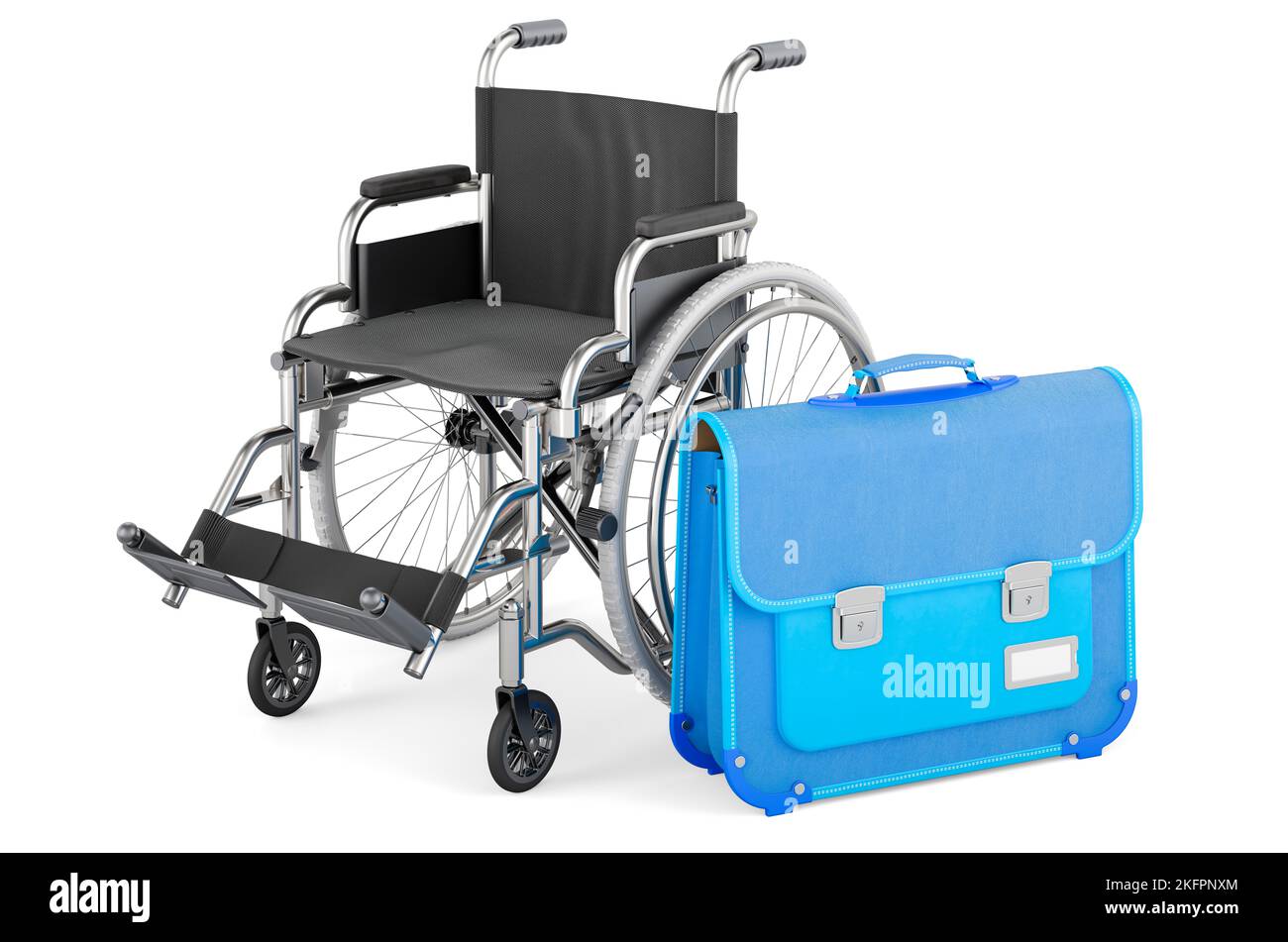 Concept d'éducation inclusive. Fauteuil roulant avec sac à écolier. 3D rendu isolé sur fond blanc Banque D'Images