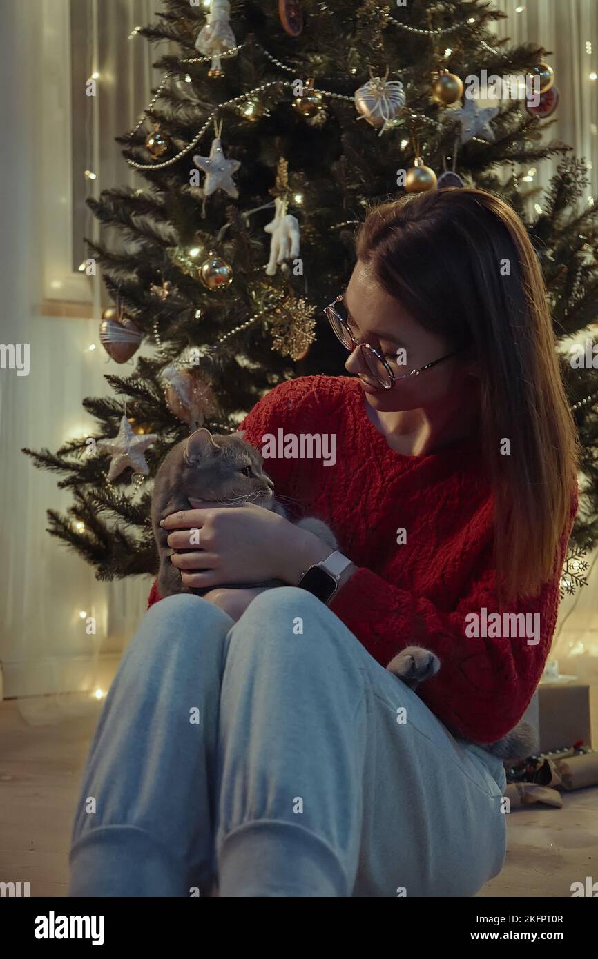 Jeune femme avec un chat assis près de l'arbre de Noël, Noël avec un chat d'animal de compagnie Banque D'Images