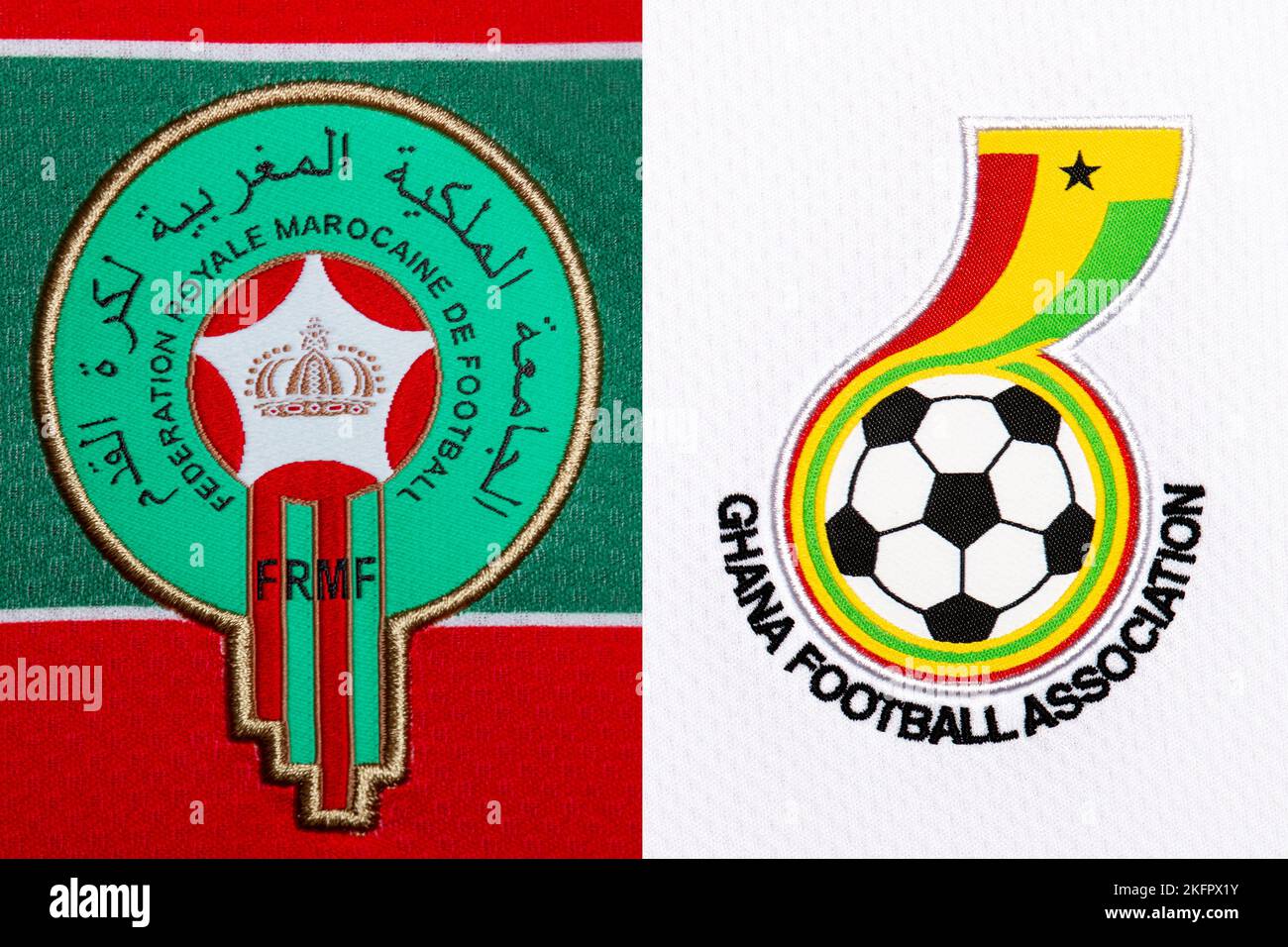 Gros plan de l'écusson de l'équipe nationale de football sur l'ensemble domicile. Coupe du monde de la FIFA, Qatar 2022. Banque D'Images