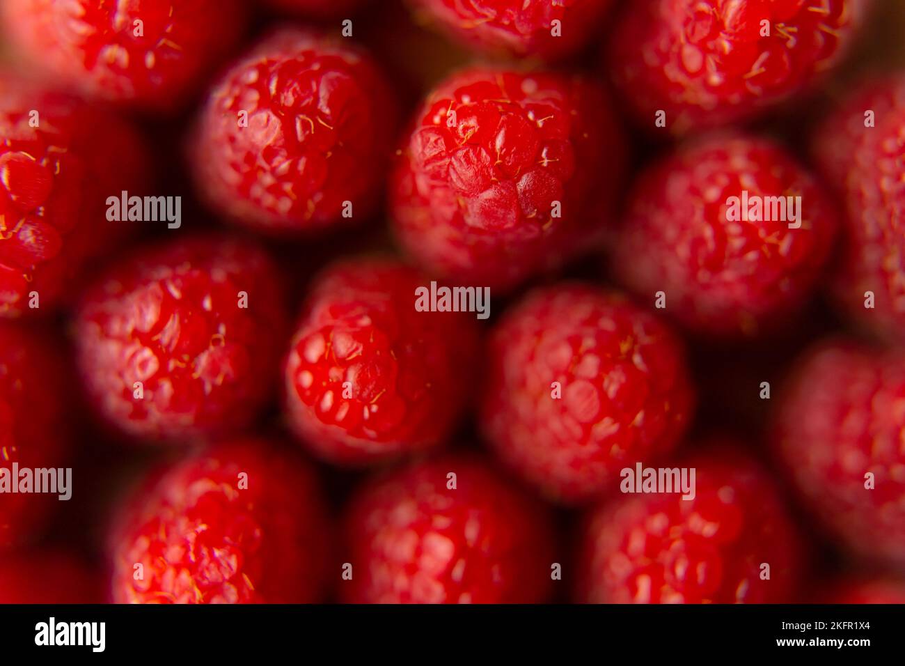 Gros plan sur un magnifique stand de framboises, fruits d'été. Les fruits sont bons pour la santé. Une alimentation adéquate, des aliments crus. Banque D'Images