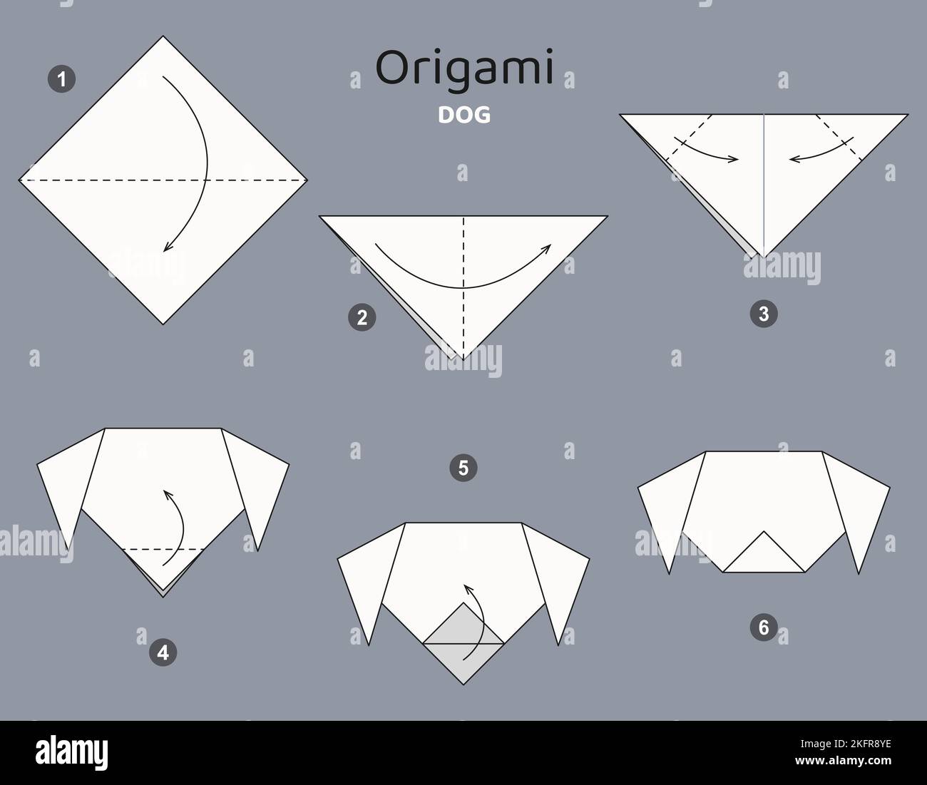 Tutoriel Origami. Jeu d'origami pour les enfants. Chien. Illustration de Vecteur