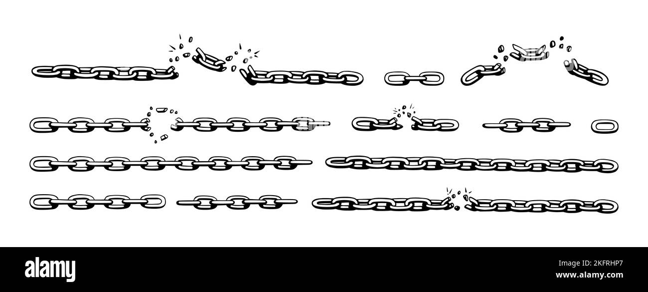 Chaîne cassée avec des éclats comme symbole de force et de liberté. Esquisse de chaînes métalliques. Illustration vectorielle isolée sur fond blanc Illustration de Vecteur