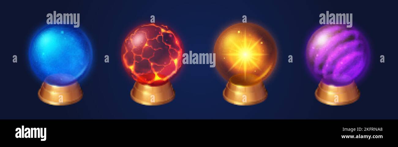 Globes de cristal, sphères magiques de sorcier ou de sorcier. Dômes en verre transparent sur supports dorés avec brouillard bleu, magma rouge avec fissures, étoile dorée et violet s. Illustration de Vecteur