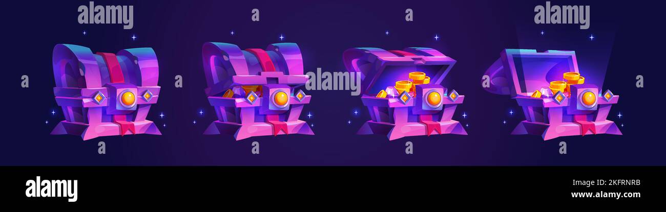 Jeu d'animation Treasure poitrine. Illustration vectorielle de dessin animé d'une ancienne boîte en bois fermée et ouverte avec de l'argent, des pièces de monnaie dorées, de précieuses pierres précieuses brillantes, espar Illustration de Vecteur