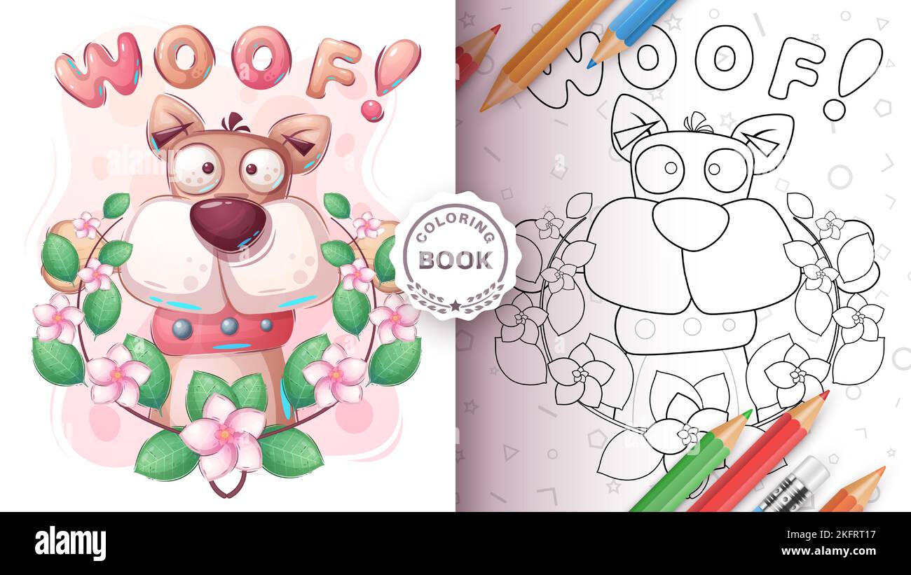 Personnage de dessin animé chien animal mignon - livre de coloriage Illustration de Vecteur