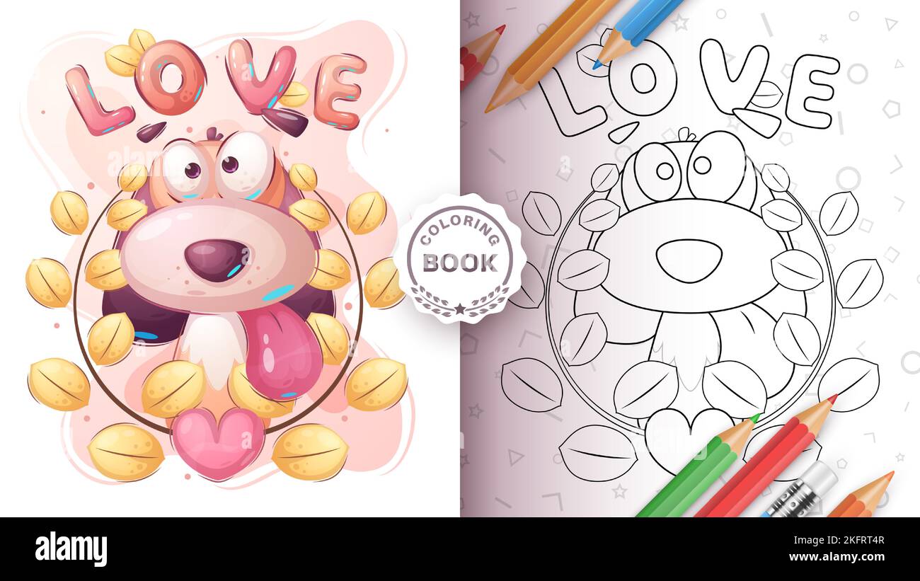 Personnage de dessin animé chien drôle de chiot - livre de coloriage. Illustration de Vecteur