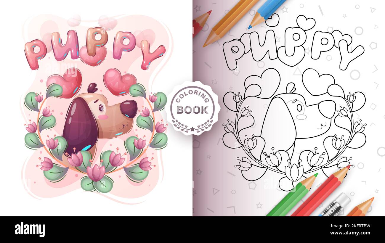 Personnage de dessin animé joli chien animal - livre de coloriage Illustration de Vecteur