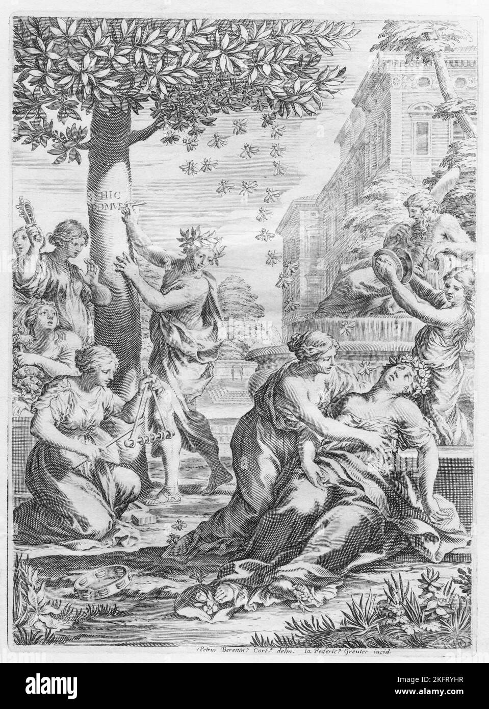 Scène mythologique, gravure en coperplate, de Flora over Culture di fiori par Giovanni Battista Ferrari, Rome, 1638 Banque D'Images