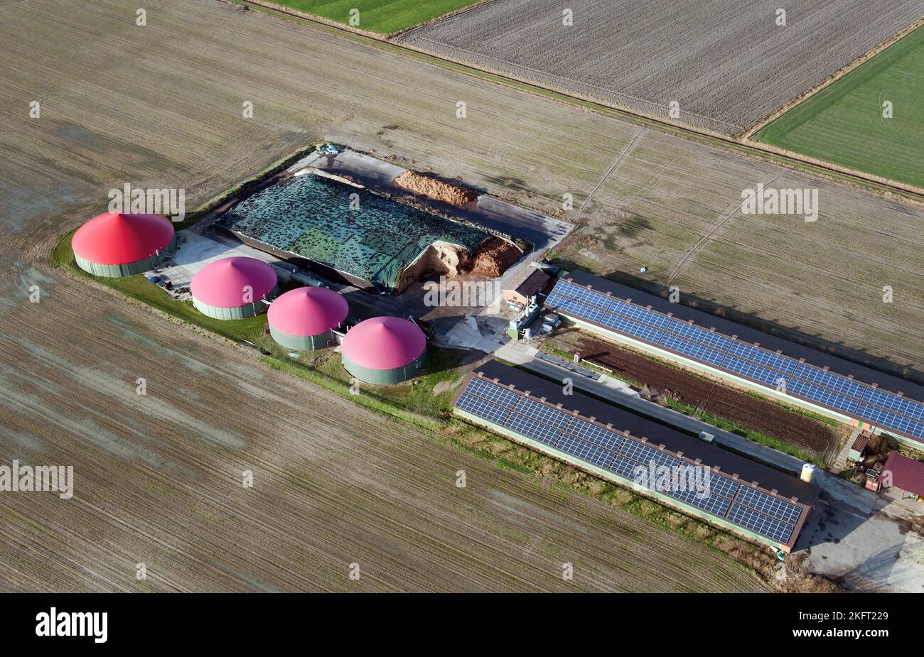 Vue aérienne d'une ferme pour la production d'énergie, usine de biogaz, centrale solaire, Basse-Saxe, Allemagne, Europe Banque D'Images