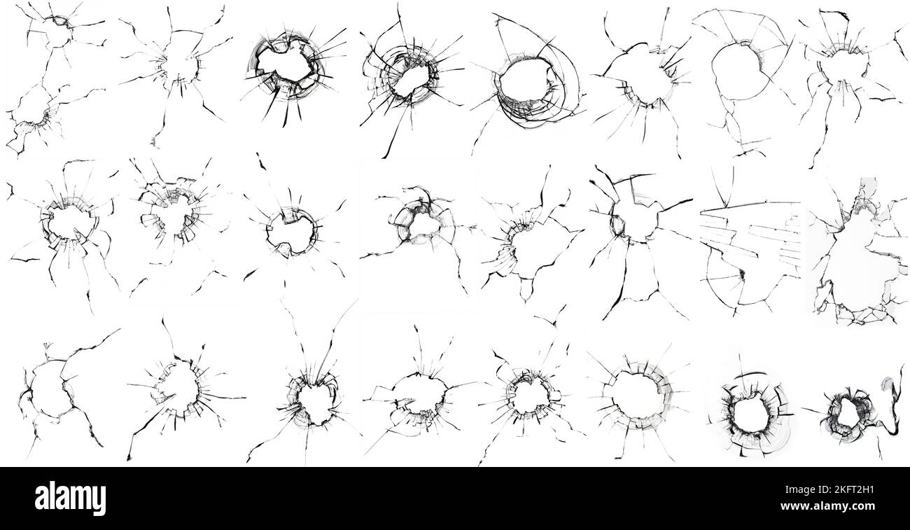 Grande collection de fissures de verre cassé sur fond blanc. 24 photos en une seule photo. Concept de plans sur la fenêtre pour la conception. Banque D'Images