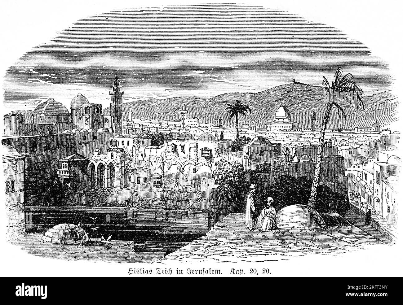 Hezekiah's Pool à Jérusalem, conduite d'eau, construire, détourner l'eau, vue sur la ville, mur de la ville, tours, dômes, palmiers, personnes, Rois Juda, Manassé, Bibl Banque D'Images