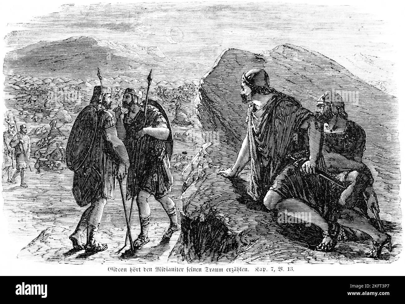 Gideon entend le Midianite dire son rêve, parler, rêver, pain d'orge, pain de pain, orge, rôti, armée, tentes, prostrate, retournez, guerriers, weap Banque D'Images