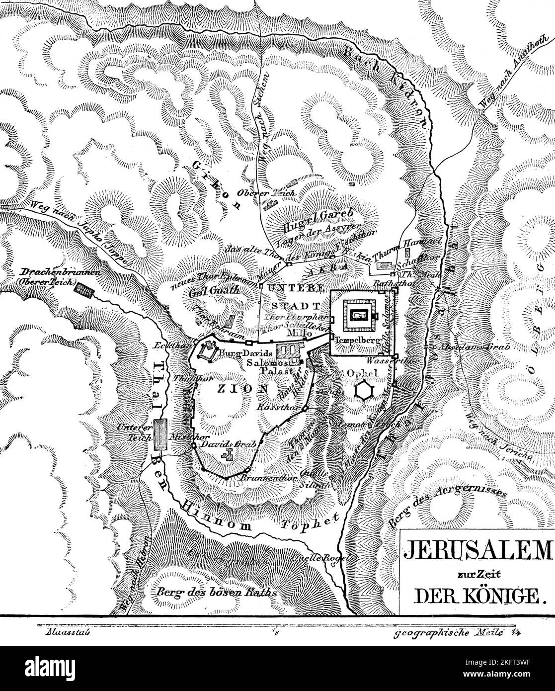 Jérusalem au temps des rois, carte, rivières, Kidron, vallée, Ben Hinnom, montagnes, Mont du Temple, Basse-ville, Hill Gareb, Sion, tombeau de David, Cast Banque D'Images