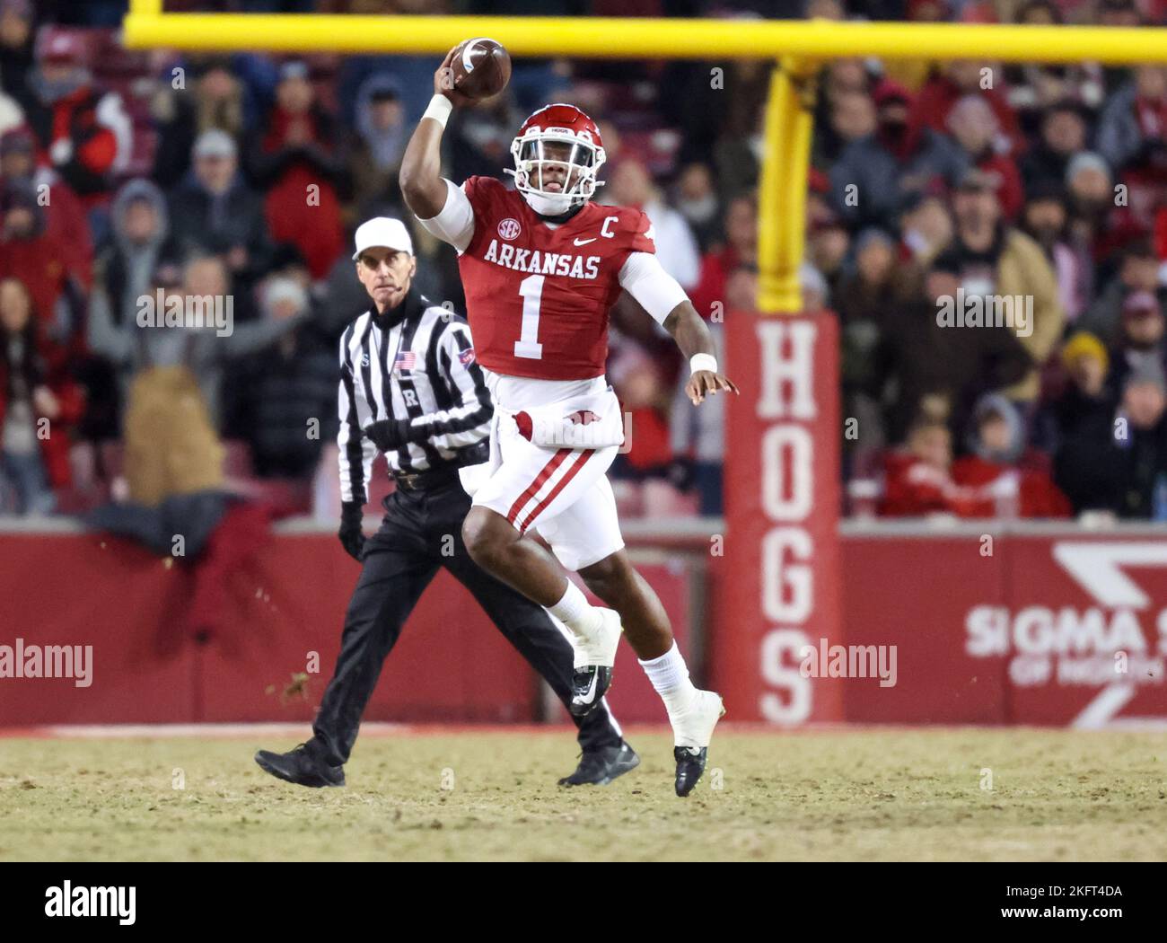 19 novembre 2022: Arkansas QB KJ Jefferson #1 fkes un jet comme il vient autour du coin avec la balle. .Arkansas défait Ole Miss 42-27 à Fayetteville, AR, Richey Miller/CSM/Sipa USA(Credit image: © Richey Miller/Cal Sport Media/Sipa USA) Banque D'Images
