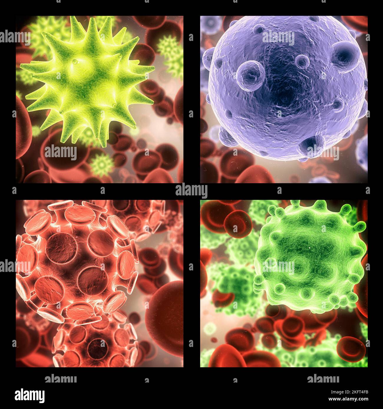 Les signes avant-coureurs de la maladie. Image combinée de divers micro-organismes, vue sous un microscope en couleur. Banque D'Images