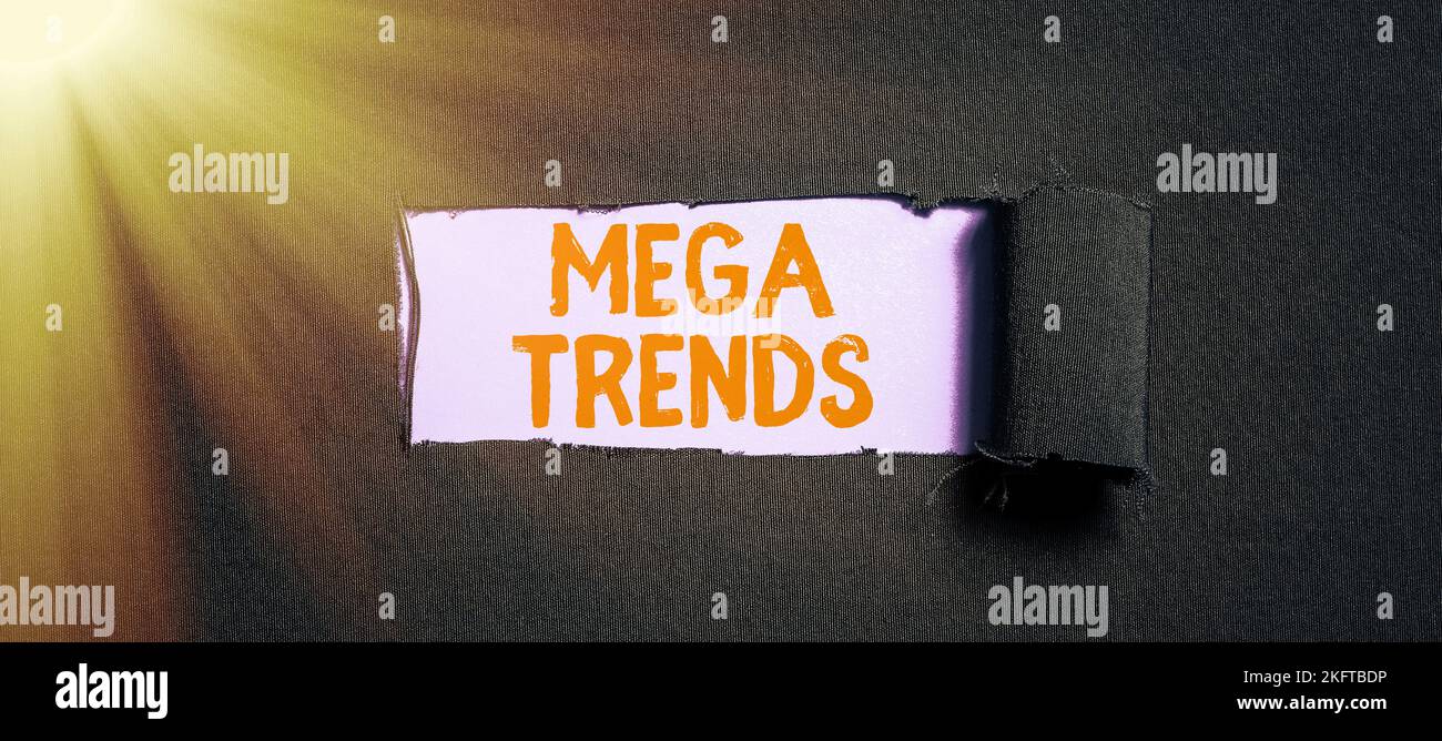 Légende présentant Mega Trends. Idée d'entreprise des phénomènes puissants ayant un impact sur les fondations de notre monde Banque D'Images