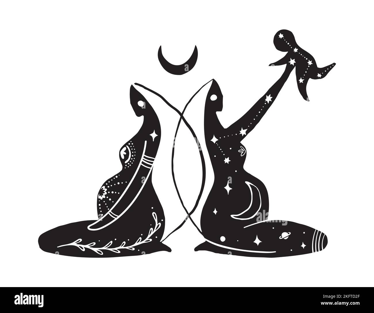 Initiation féminine, symbole sacré féminin, tatouage de boho mystique de la grossesse et de la maternité, mère avec un enfant, maman attend un bébé, le sacré Illustration de Vecteur