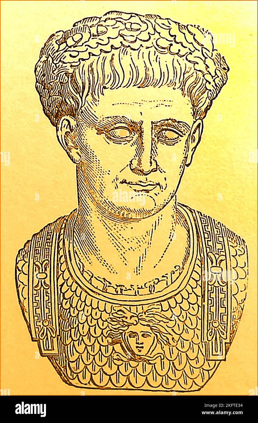 Un portrait gravé de Trajan de la fin du siècle, connu sous le nom de César Nerva Traianus; (53 – 117 après J.-C.) il a servi comme empereur romain de 19th 98 à 117 et a été déclaré optimus princeps ('le meilleur dirigeant') par le Sénat romain. Il est en fait né en Italica, près de -moderne Séville en Espagne d'aujourd'hui et dirigé sous le nom d'Imperator Caesar Nerva Traianus Augustus -- ritratto inciso di Traiano noto Come Cesare Nerva Traiano; (53 – 117 d.C.) Imperatore romano (optimus princeps) OTAN a Italica, Vicino alla moderna Siviglia, à Spagna Banque D'Images